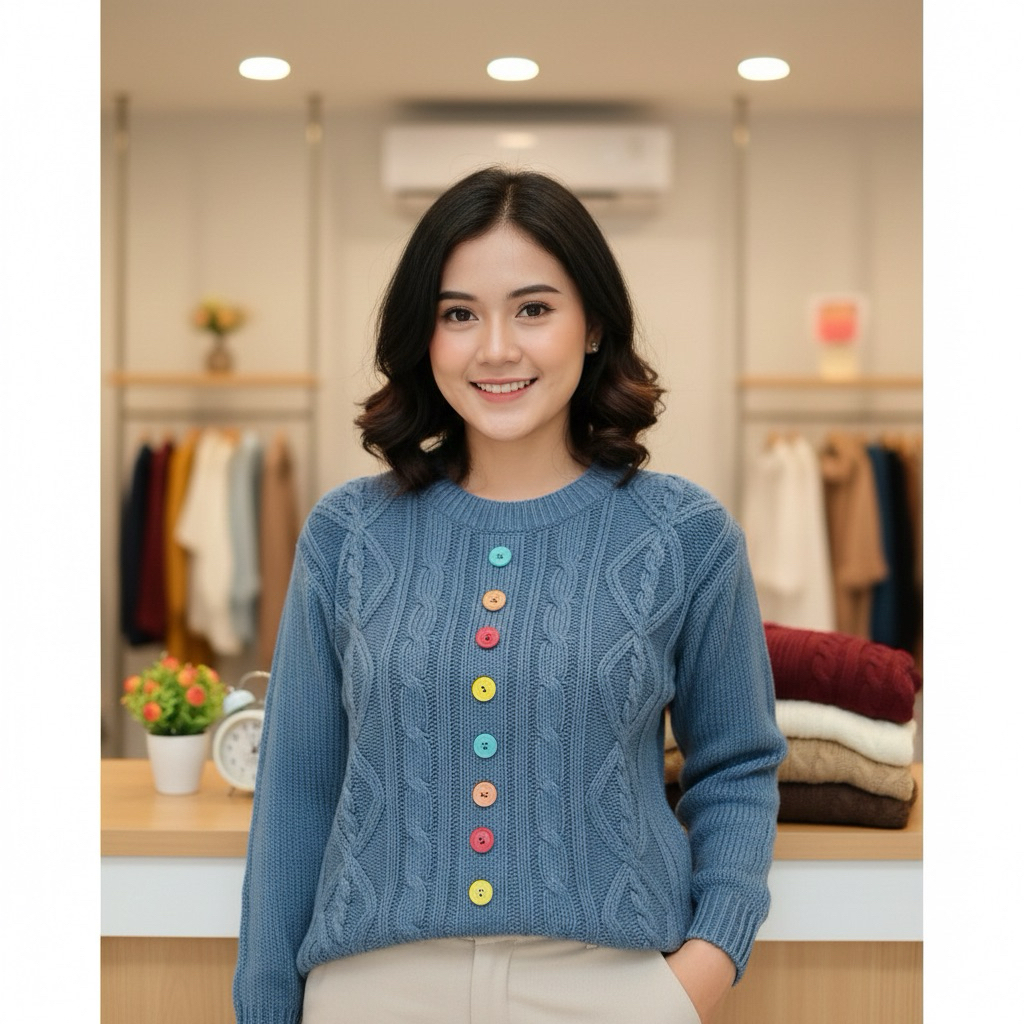 Jingga Sweater Cable Atasan Rajut Wanita Variasi Kancing Depan