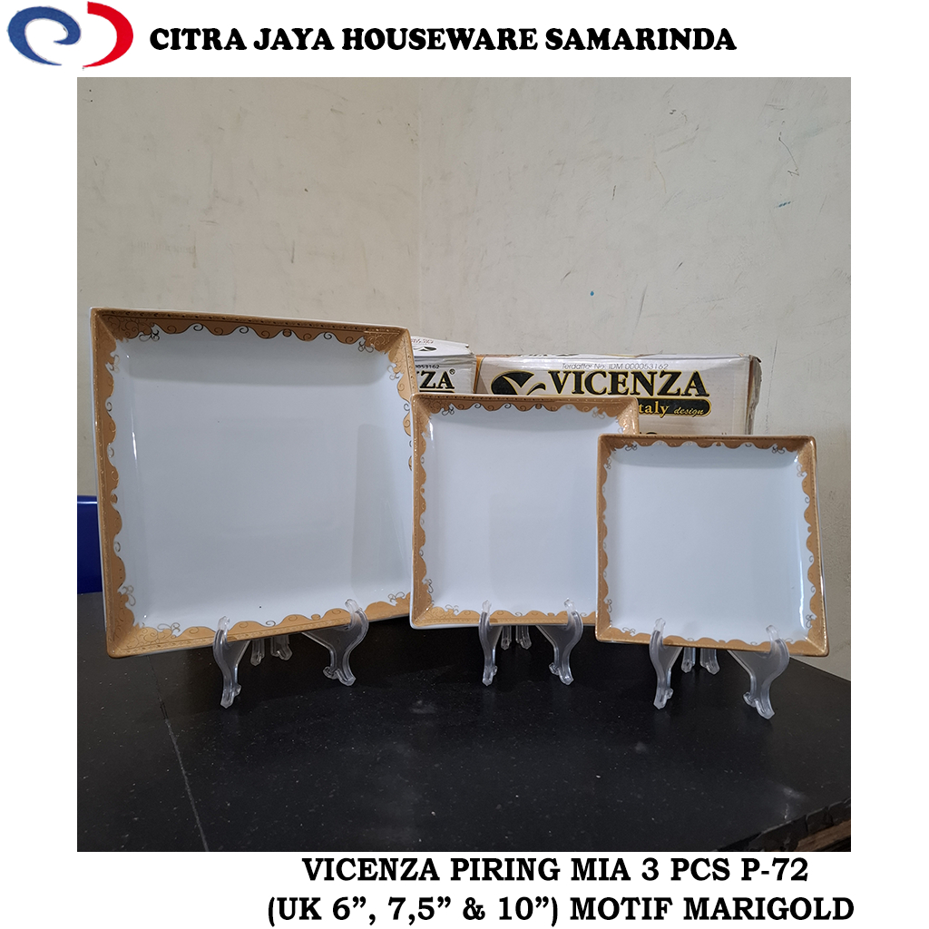 Piring Segi Keramik 3 PCS (UK 6 INCH, 7,5 INCH, & 10 INCH) VICENZA P-72 (PER KOTAK ISI 3 PCS SESUAI 