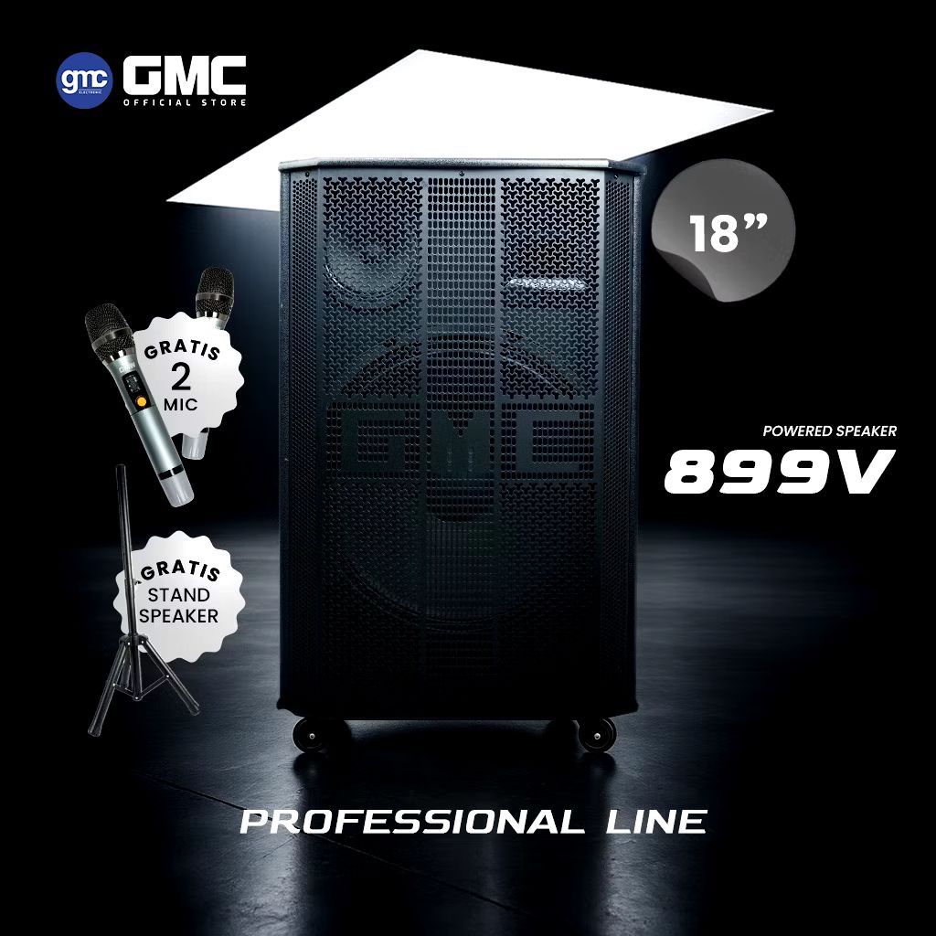 GMC 899V Profesional Line Speaker Bluetooth Portable 18" inch Free 2 Mic Wireless + Stand