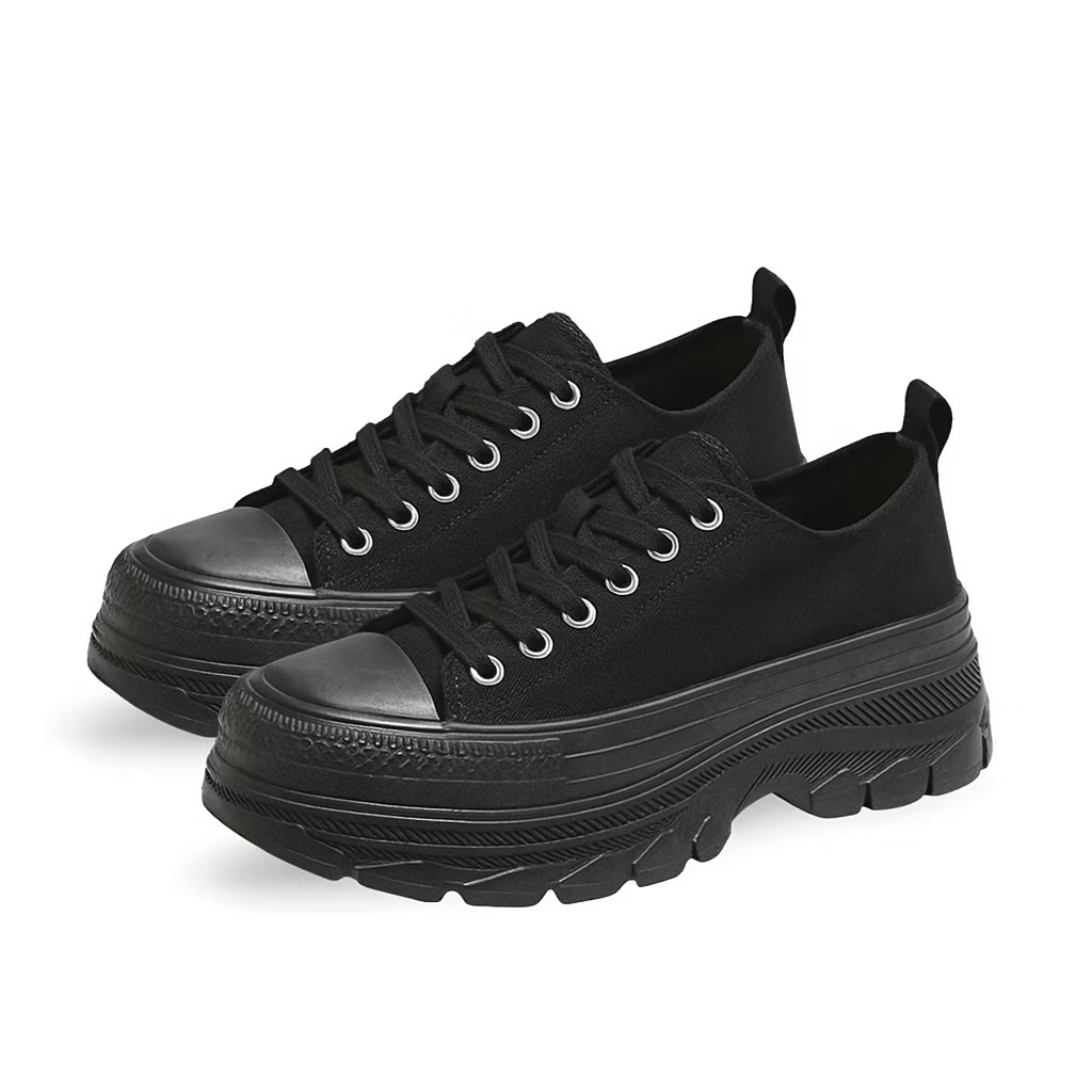 Sepatu Sekolah Wanita Hitam Polos Sepatu Sneakers Wanita Bertali Kasual Korea Jaemin 145 / Sepatu Se