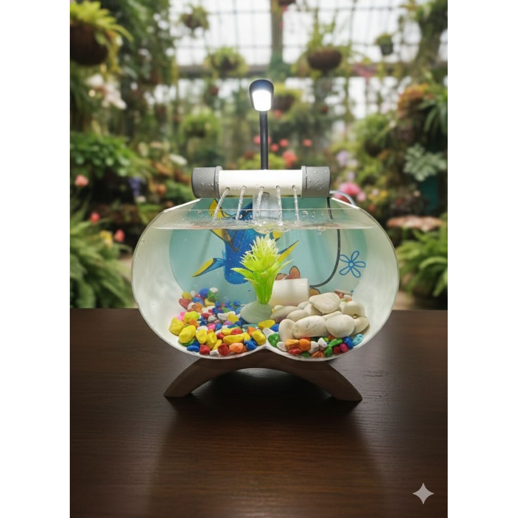 akuarium mini love kaki kayu dengan air terjun