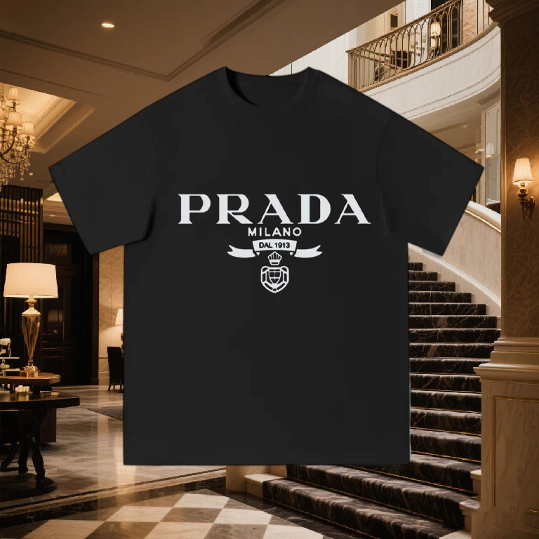 Prada Kaos Lengan Pendek Kasual Logo Cetak Huruf Prada 100% Katun Pria