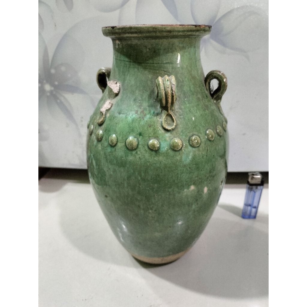 Guci antik china antang manik keramik hijau celadon tinggi28cm
