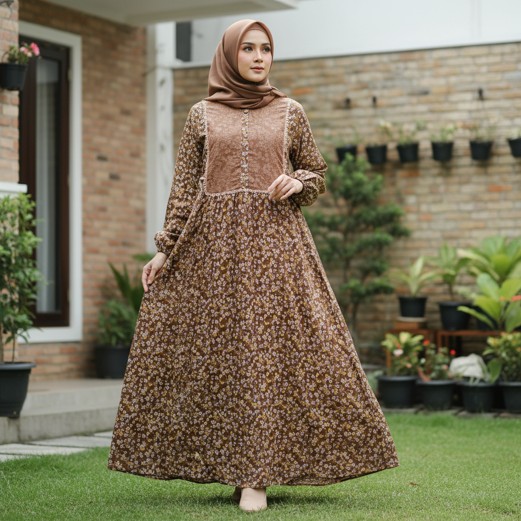 Renda Gamis Floral - Gamis Motif Bunga - Dress Gamis Lengan Balon - Gamis Renda Depan - Baju Muslim 
