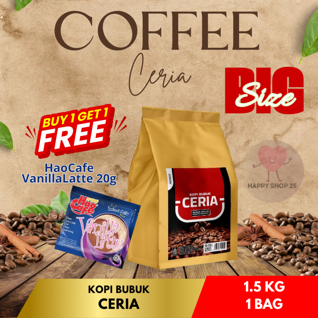 ( GRATIS  1 Hao Vanilla latte 20g ) Ceria Kopi Bubuk Halus 1.5Kg Kopi hitam 1500gram BIG SIZE