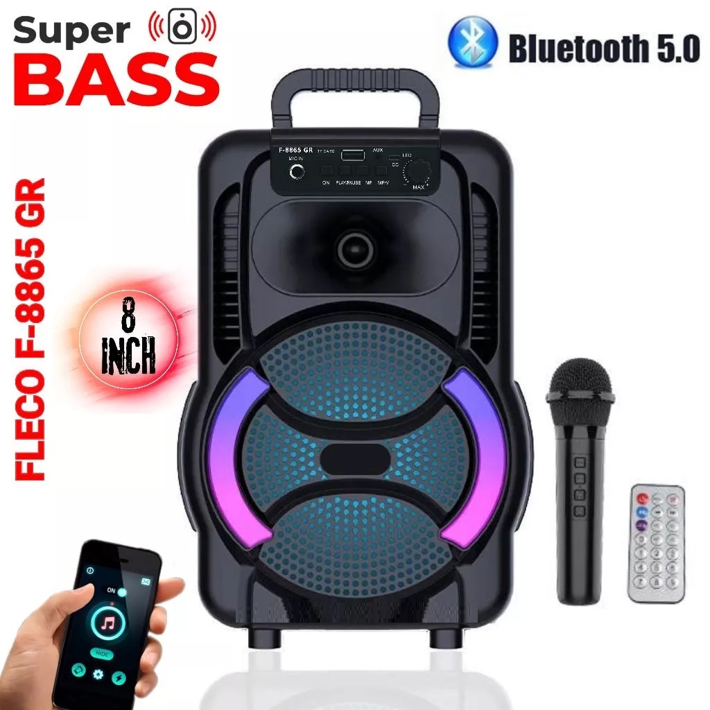Speaker Bluetooth Fleco F-8865 gr 8 Inch Free Mic Wireless Karaoke + Remote - Speaker Karaoke Full B