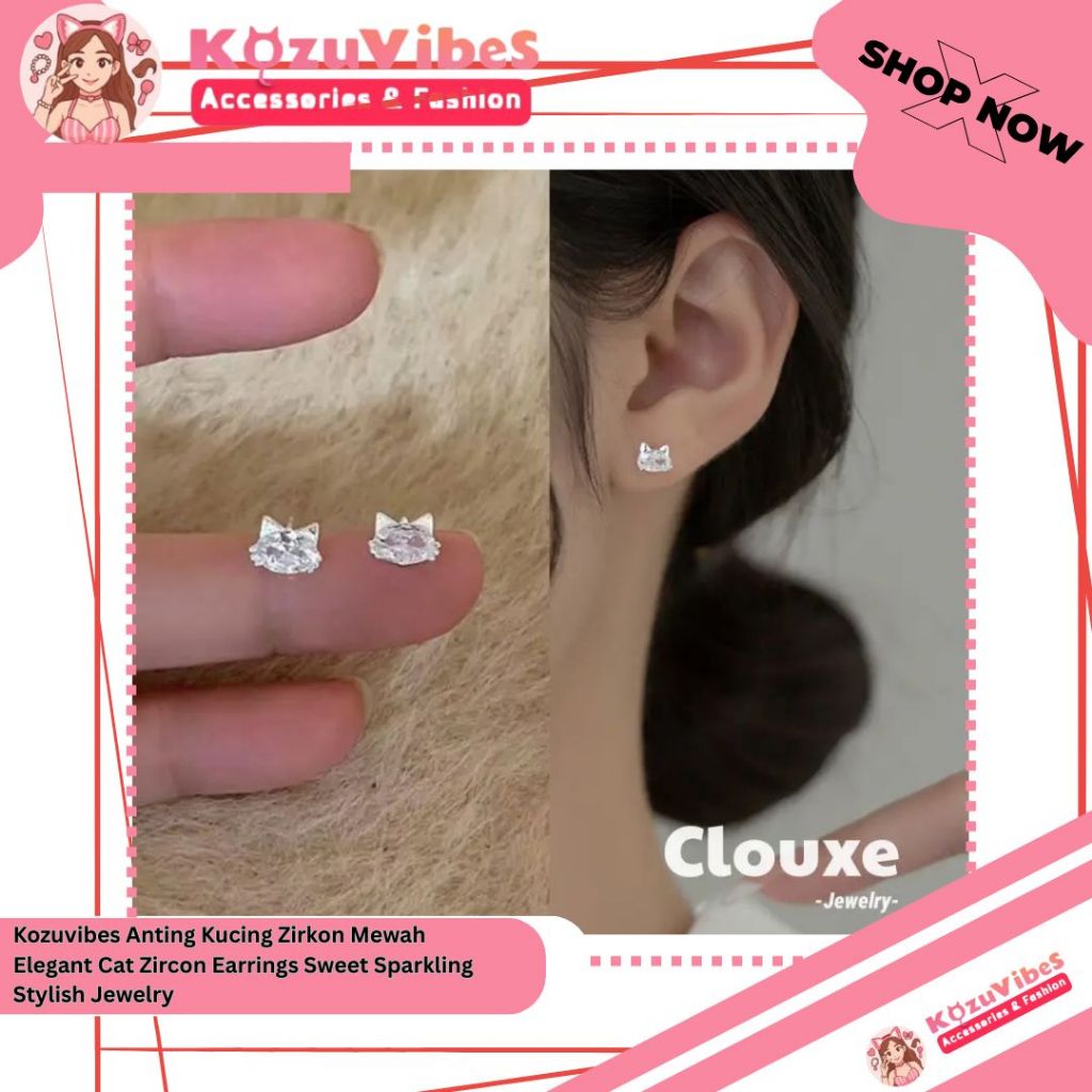 Kozuvibes Anting Kucing Zirkon Mewah Elegant Cat Zircon Earrings Sweet Sparkling Stylish Jewelry (Gold)