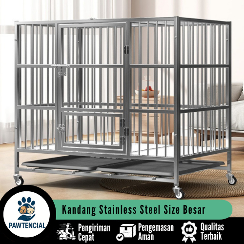Kandang Stainless Steel Ukuran Besar XL & XXL Anti Karat Bisa Dilipat Roda 4 ada rem nya Cocok Untuk