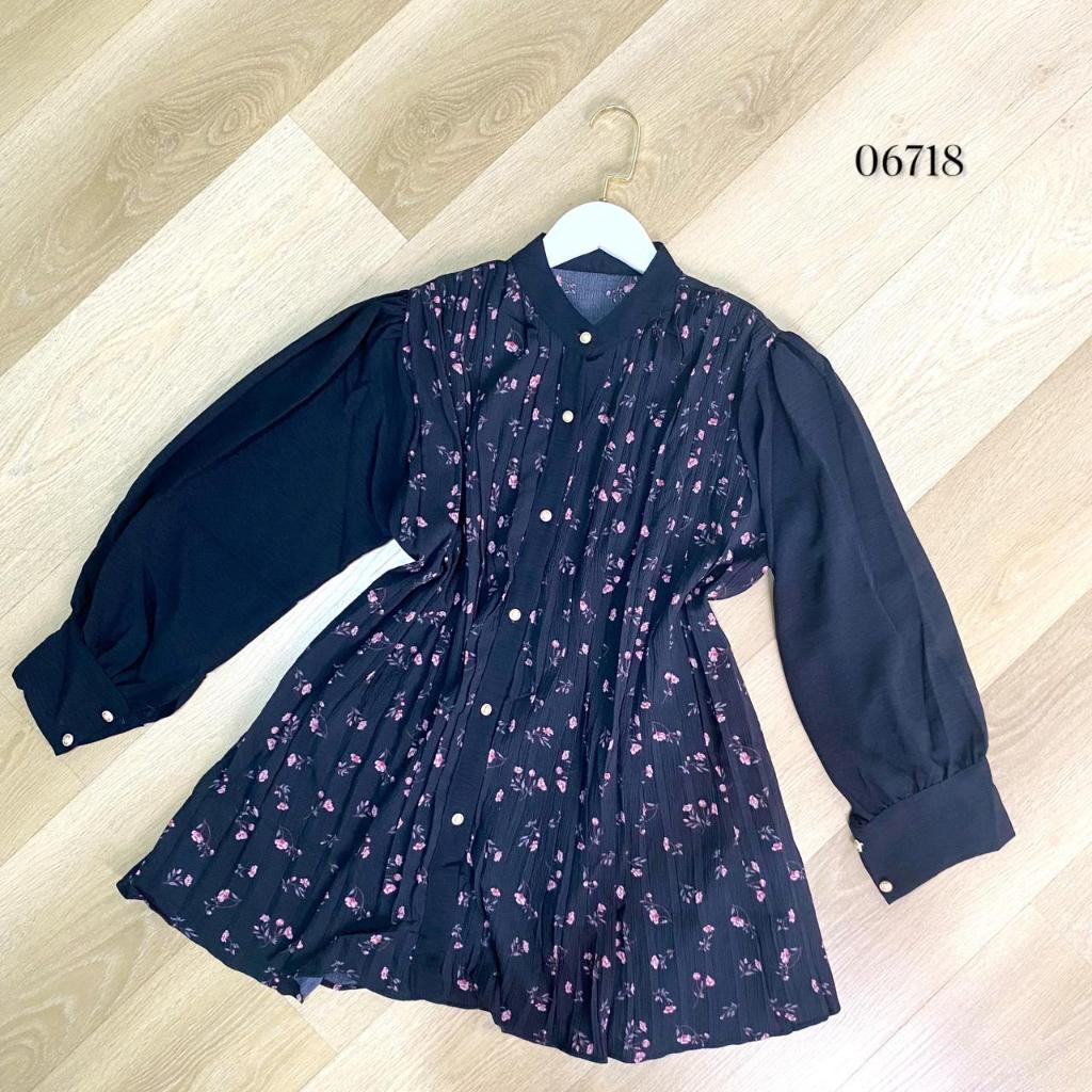 06718 BLOUSE CRINKLE PLEADS OVERSIZE MOTIF ROSE FLOWER VARIASI KERAH SANGHAI MIX BUTTON PEARL GOLD L