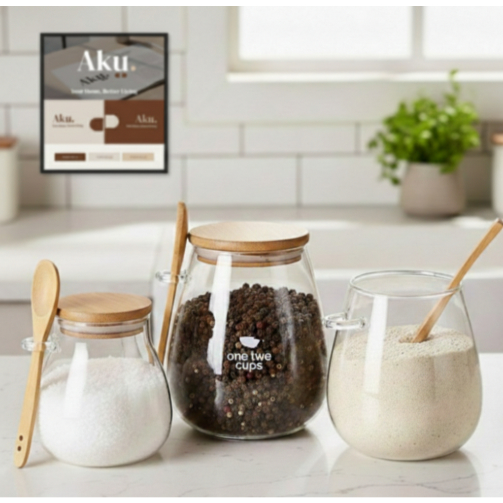 Toples Wadah Bumbu Dapur Aesthetic Tutup dan Sendok Kayu