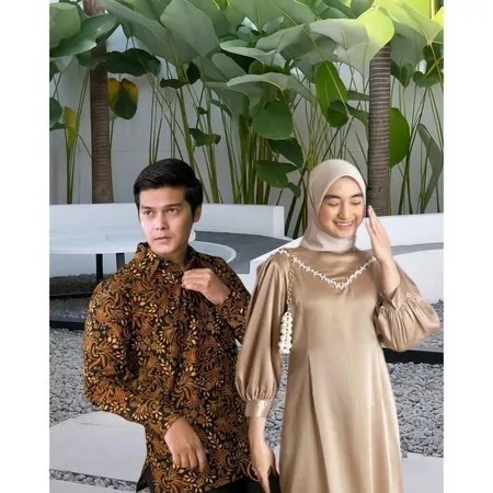 Baju Couple Gamis Satin Kemeja Batik Katun | Sarimbit Kondangan Lebaran Kekinian Gamis Couple Mewah 