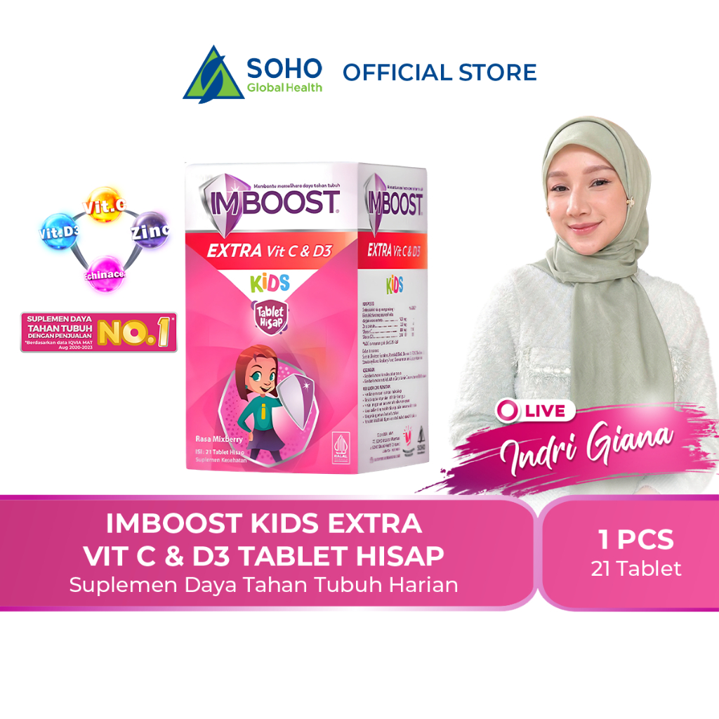 Imboost Kids Extra Vit C & D3 Tablet Hisap Suplemen Daya Tahan Tubuh Anak [1 Botol - 21 Tablet]
