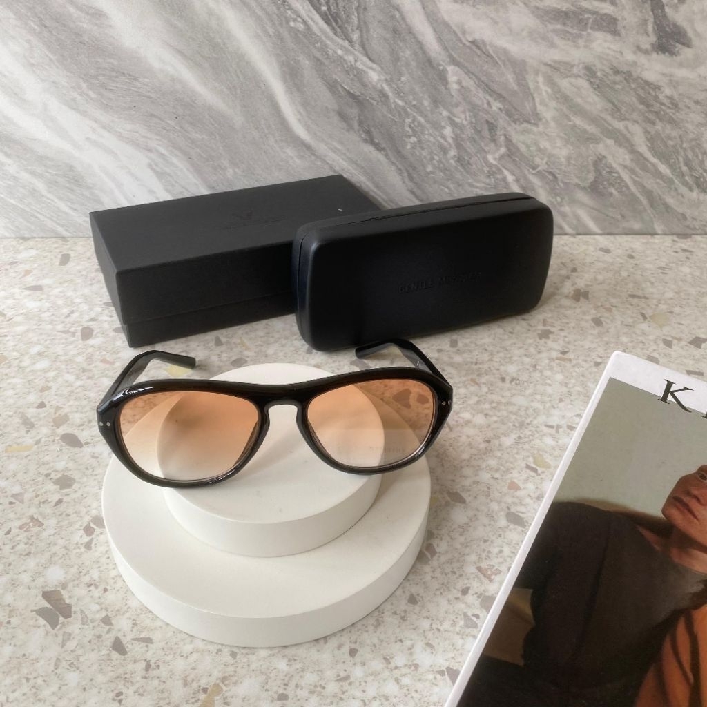 Kacamata Fashion Pria Wanita Frame Hitam Model Oval Bulat | Lensa Tint Coklat Amber | Free Box & Har