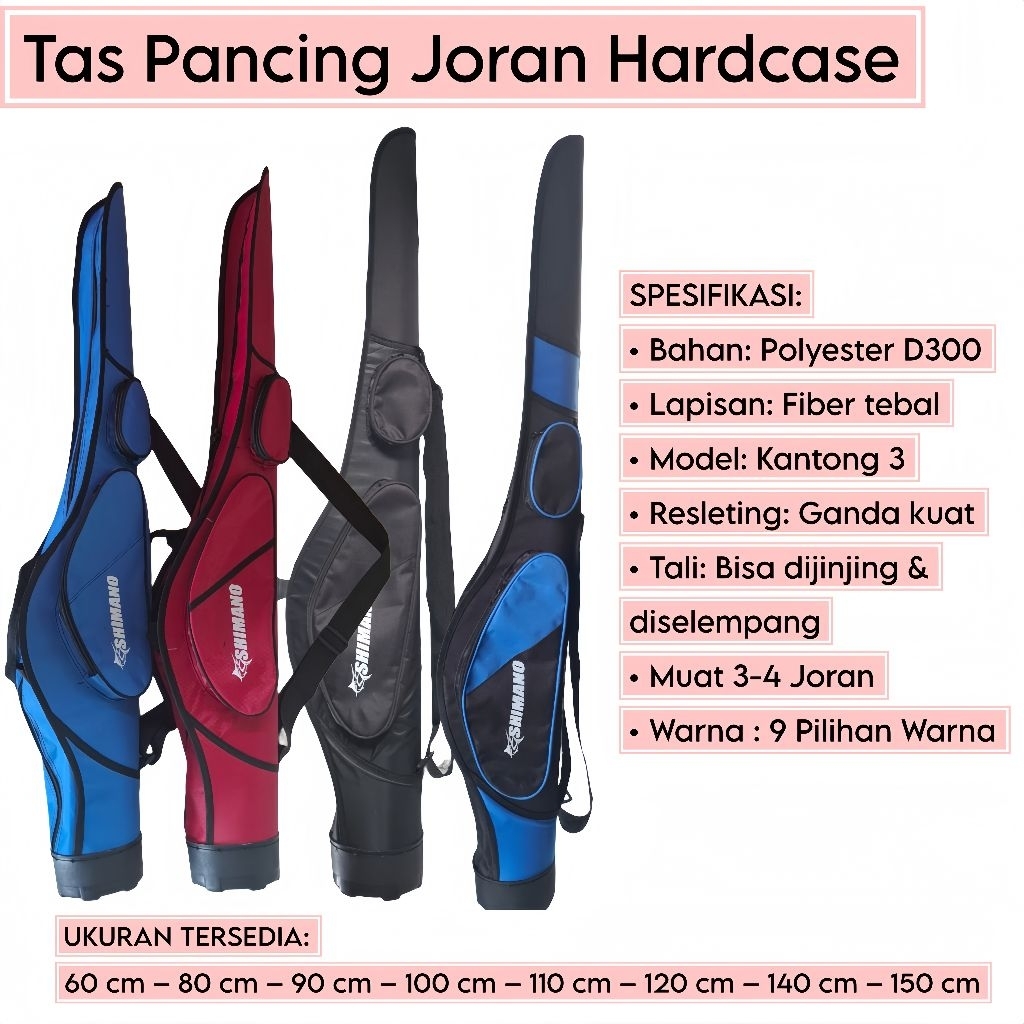 Tas Pancing Joran Hardcase Dilapisi Fiber Double Kantong Muat 3-4 Joran Tegek & Reel Ukuran 60-150cm