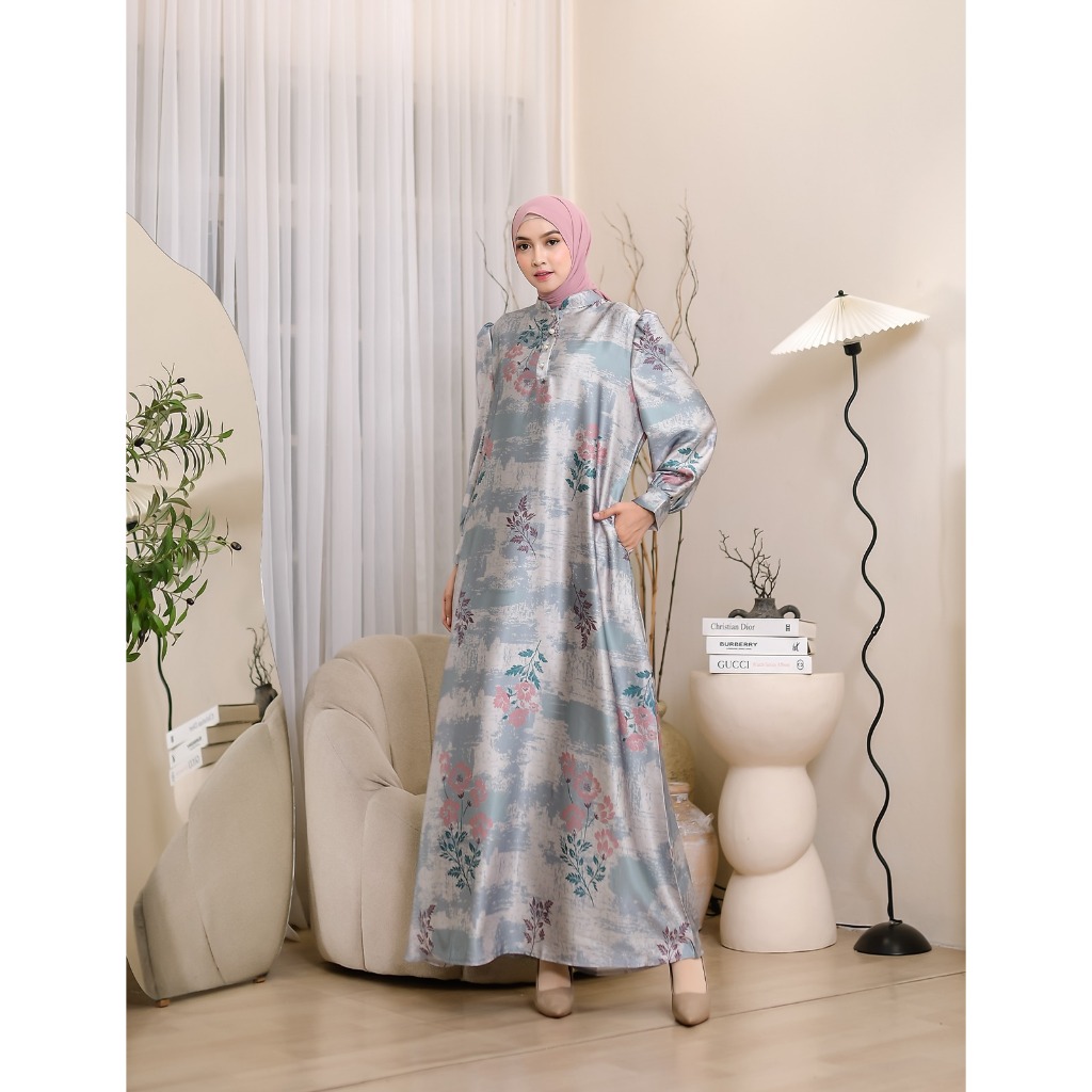 Gamis Rosela Kancing Wanita Muslimah Dress Panjang Elegan & Nyaman Bahan Stela Satin by Fabiana