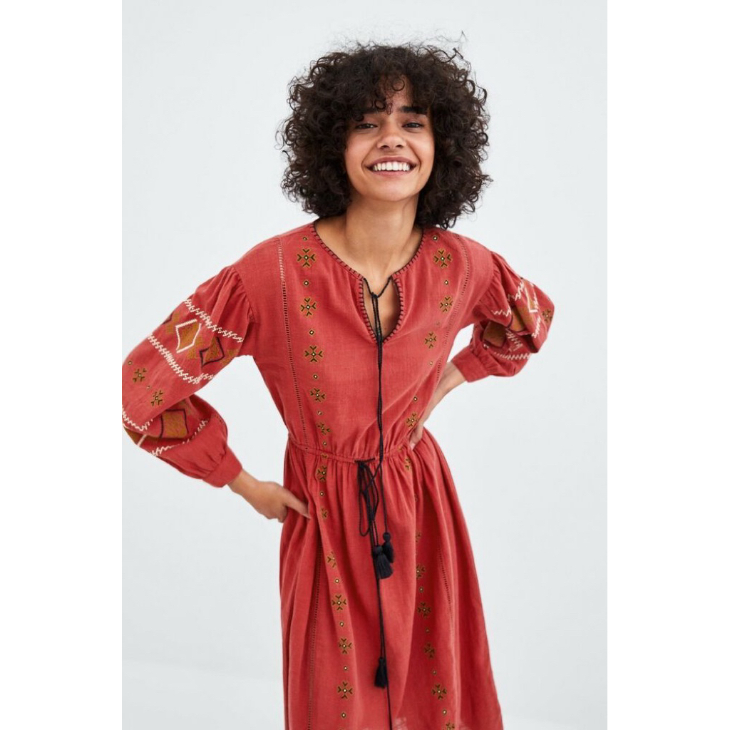 Zara bohemian linen embroidered red brick dress with tassel