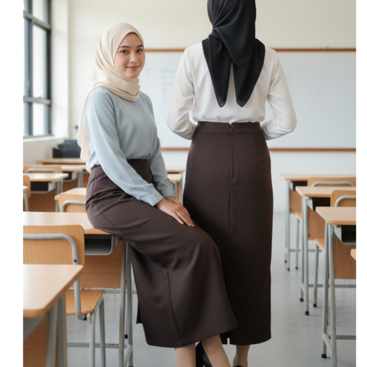 Rok Kerja Kantor Sekolah Panjang Bahan Semi Wol model Span Rampel Belakang