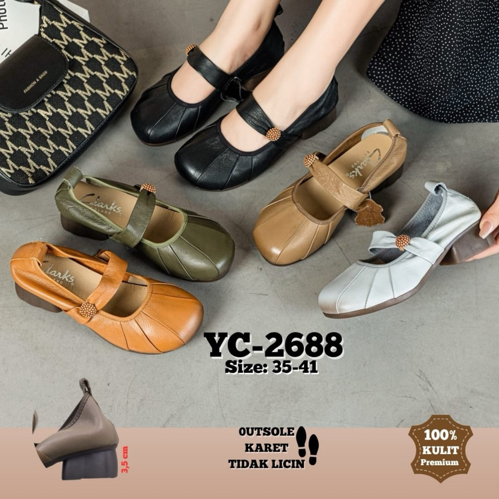 TERMURAH Sepatu Clarks YC-2688 Leather Block Heels 3,5cm / Sepatu kerja kantor wanita import / Clark