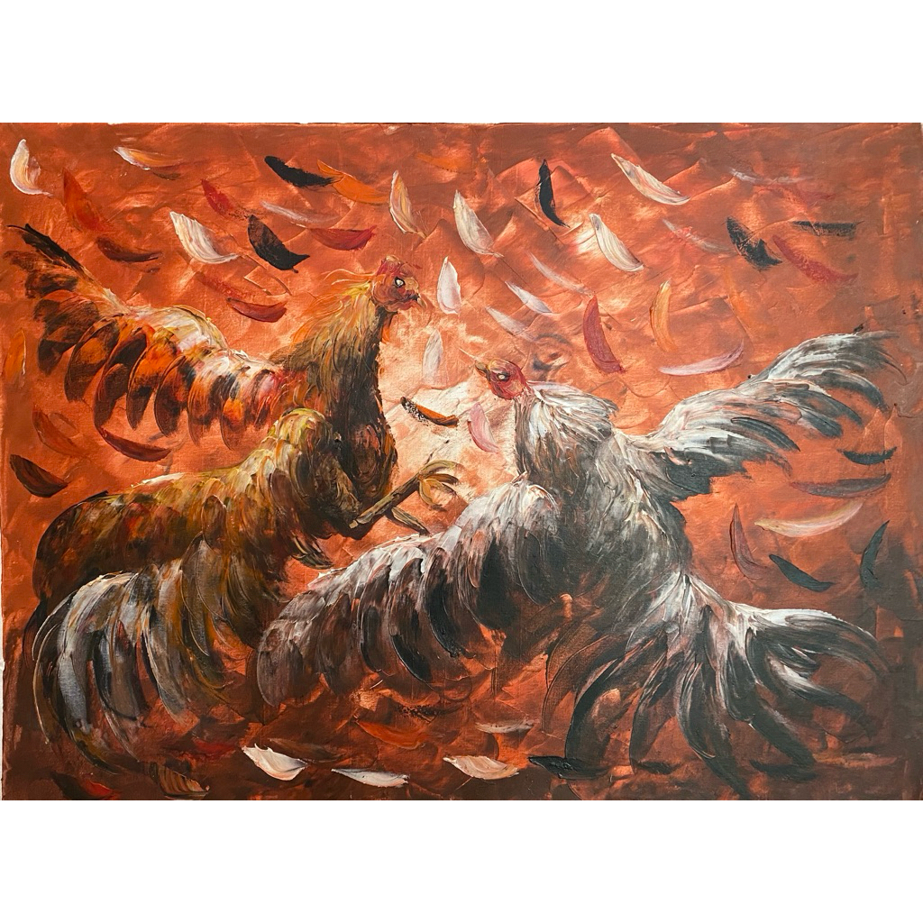 Lukisan Ayam Jago, Lukisan Khas Bali, Lukisan Canvas buatan tangan, Ukuran : 80 cm x 60 cm