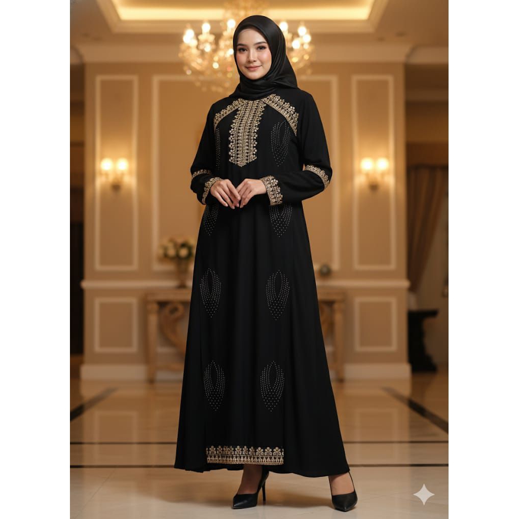 Abaya Hitam Bordir Emas - Mewah & Simpel