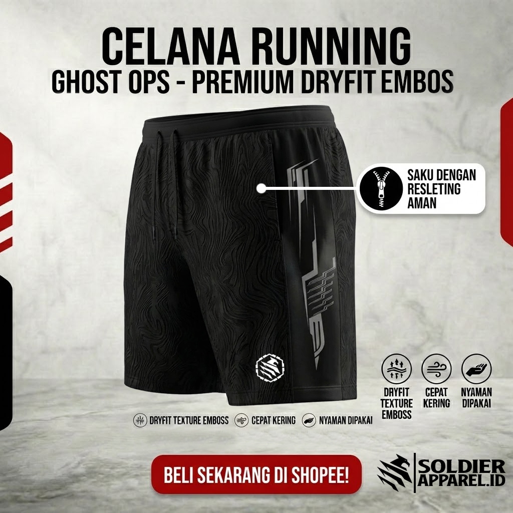 Celana Olahraga Pria Dryfit Embos Premium | Ghost Ops Series | Saku Zipper Sablon reflektif