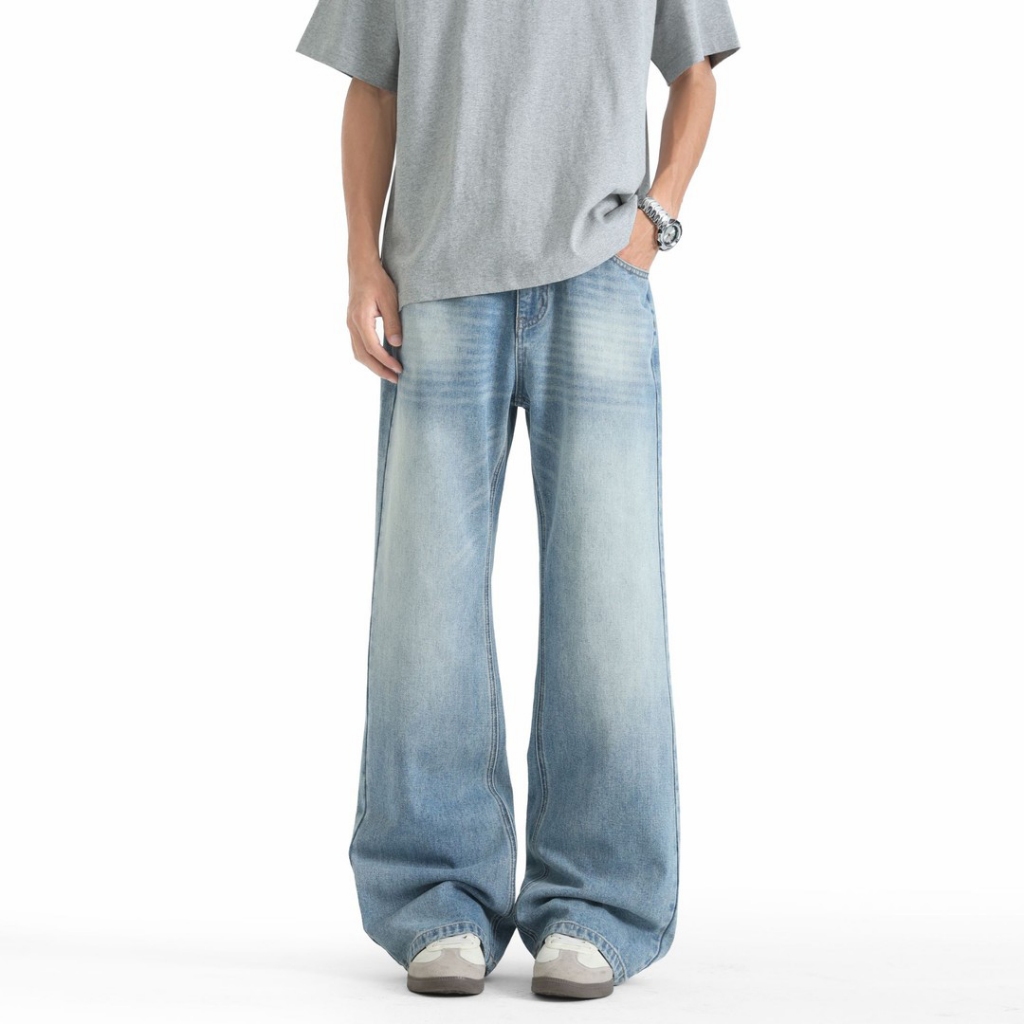 Celana Jeans Pria Baru 2026 Biru Muda Loose Straight Leg Slim Fit