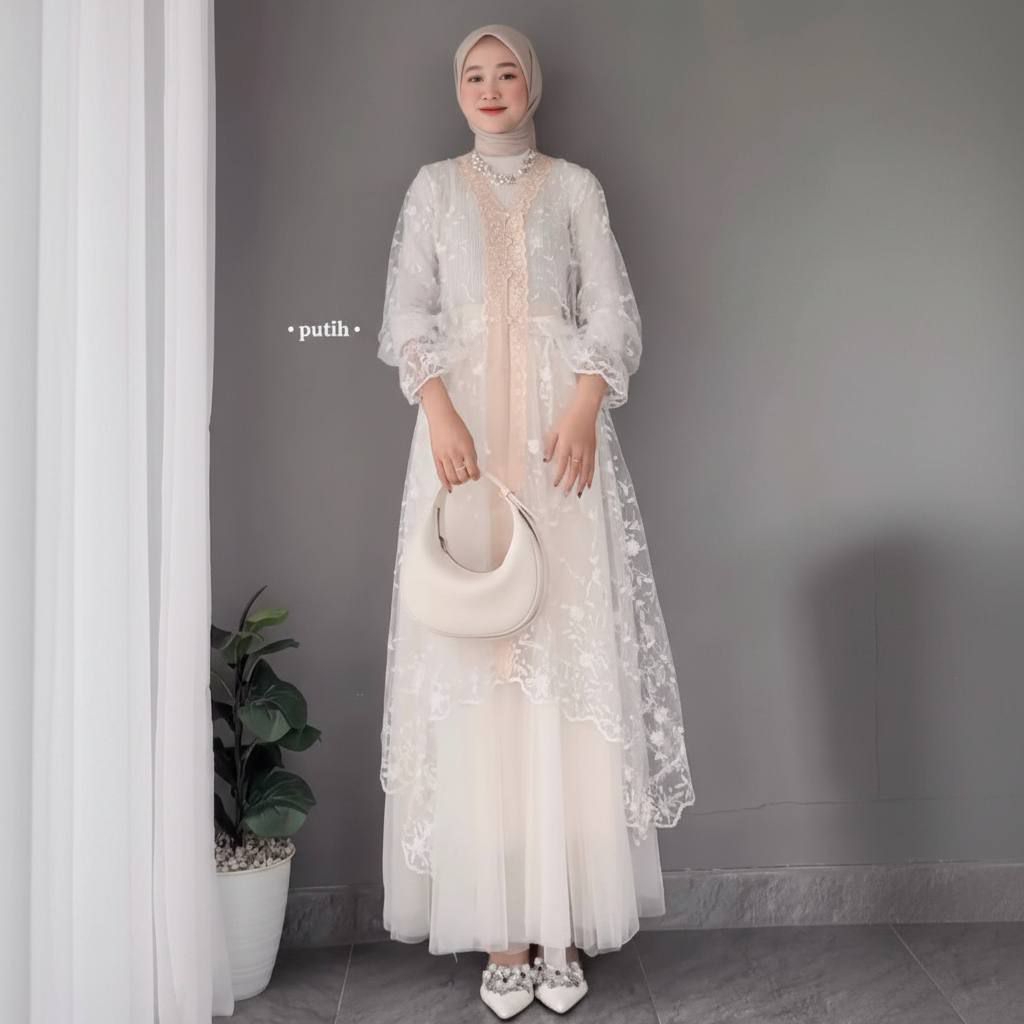 Gamis Muslim Wanita Brokat Premium Kombinasi Tulle | Dress Pesta Elegan Modern