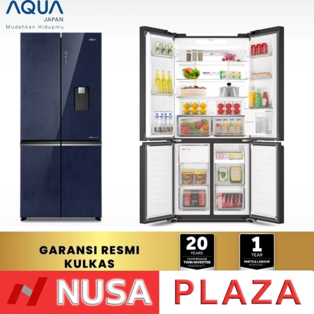 KULKAS AQUA SIDE BY SIDE 4 PINTU TWIN INVERTER DISPENSER 3 in 1 PITCHER