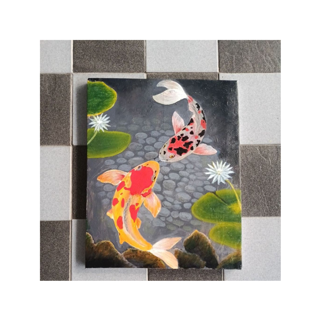 Lukisan Watercolor on Canvas Koi Pond Yin yang Balanced Energy