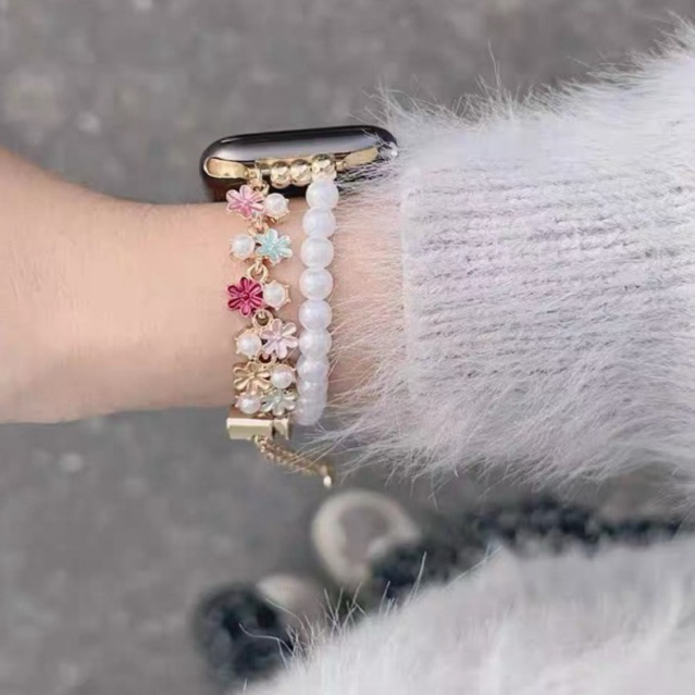 Strap Apple Watch Mi band Huawei 10 Fit 3 4 Pro 4 gelang style tali rantai mutiara wanita bunga aest