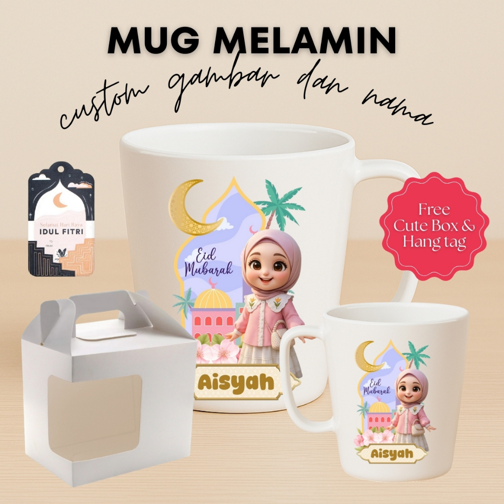 HAMPERS MUG MELAMIN IDUL FITRI CUSTOM NAMA LUCU GEMES UNTUK KELUARGA BESTIE ANAK TEMAN KANTOR