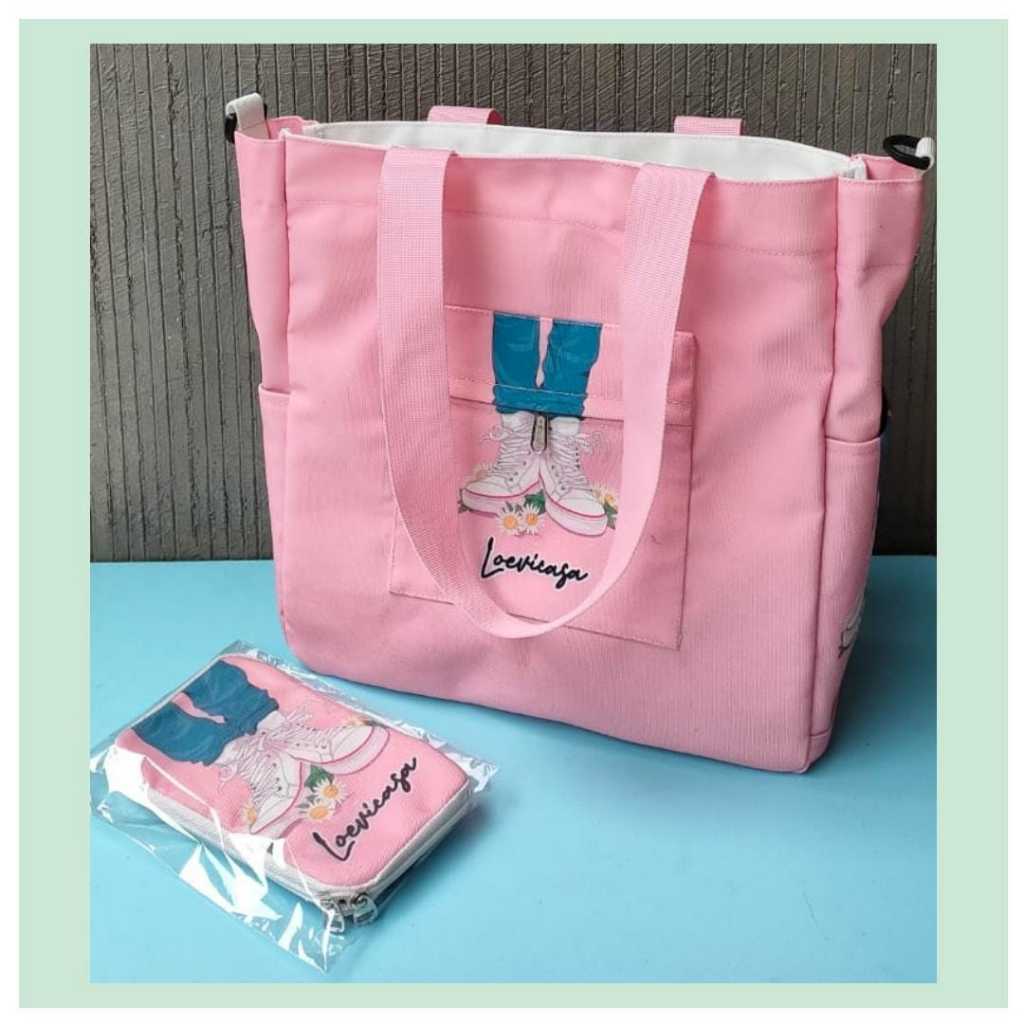 Ellorastyle Tas Totebag Custom Nama Wanita | Totebag Pink Estetik Custom Nama | Bonus Dompet Hp