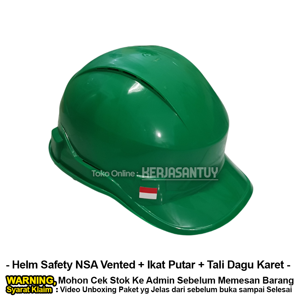 Helm Safety Proyek NSA Vented Hijau + Ikat Kepala Putar + Tali Dagu Karet SNI model Baseball Cap