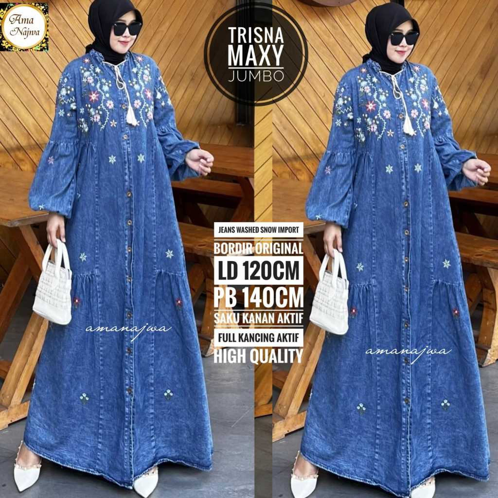 Gamis Jeans Terbaru fit XXL LD120-140 Lengan Panjang Kancing Depan Bordir Bunga Model Kekinian