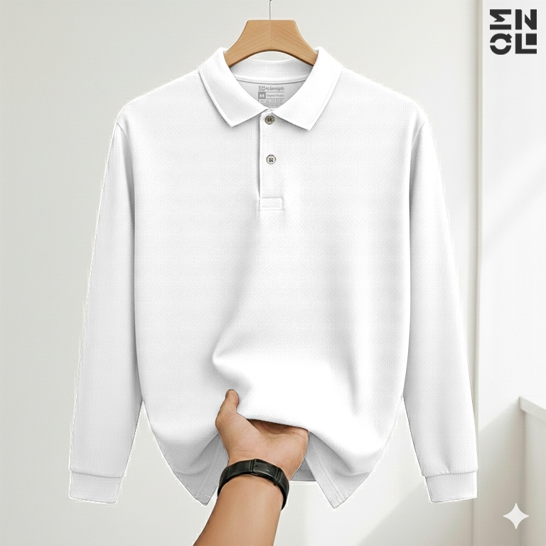 Waniqlo - Kaos Polo Outfit Kerah Lengan Panjang Polos Terkeren Pria & Wanita Baju Kerah - Putih