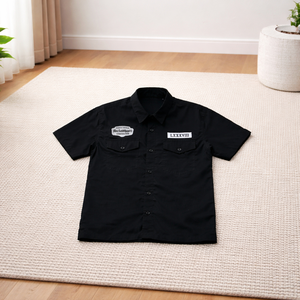 Markass Workshit Kemeja Pria Wanita Lengan Pendek Katun Nyaman Tebal Hitam Kemeja Kasual Bordir Simp