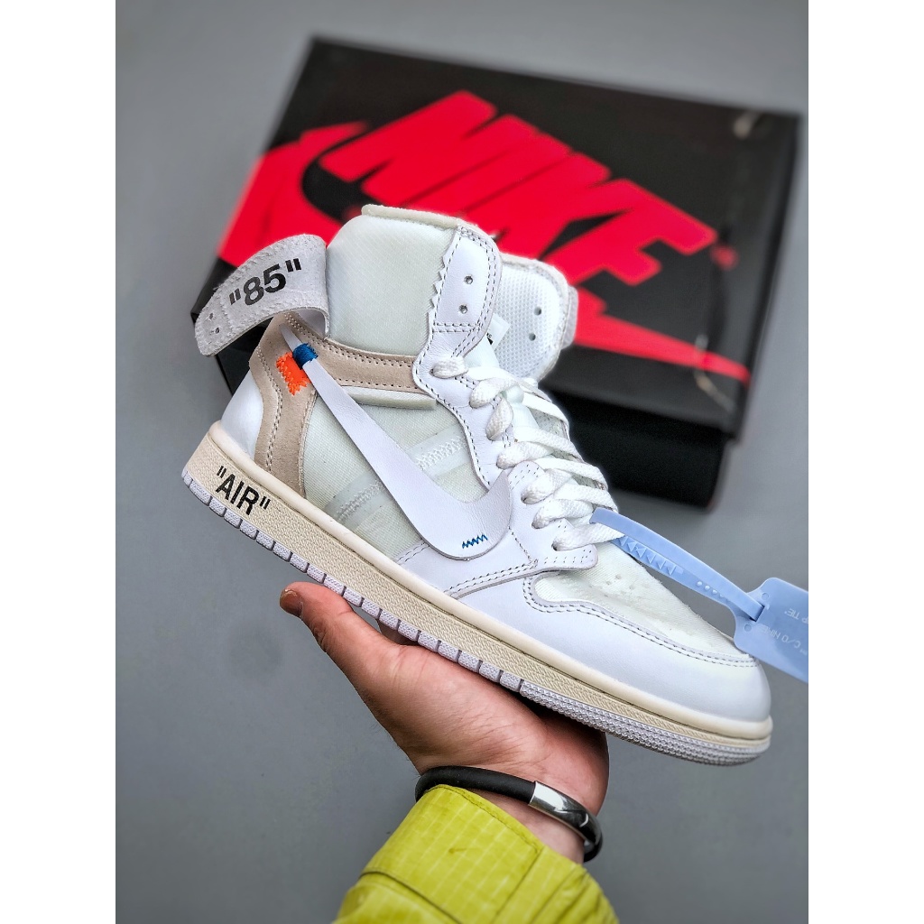 OFF-WHITE x AJ1 High White The Ten OG Euro Exclusive Sepatu Pria Putih Biru Retro High Cut Original