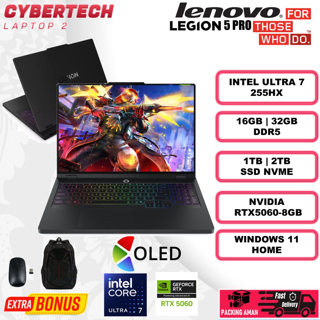 Laptop Gaming Lenovo Legion 5 PRO 16 Intel Ultra 7 255HX 32GB 2TB RTX5060-8GB 16.0 OLED ECLIPSEBLACK