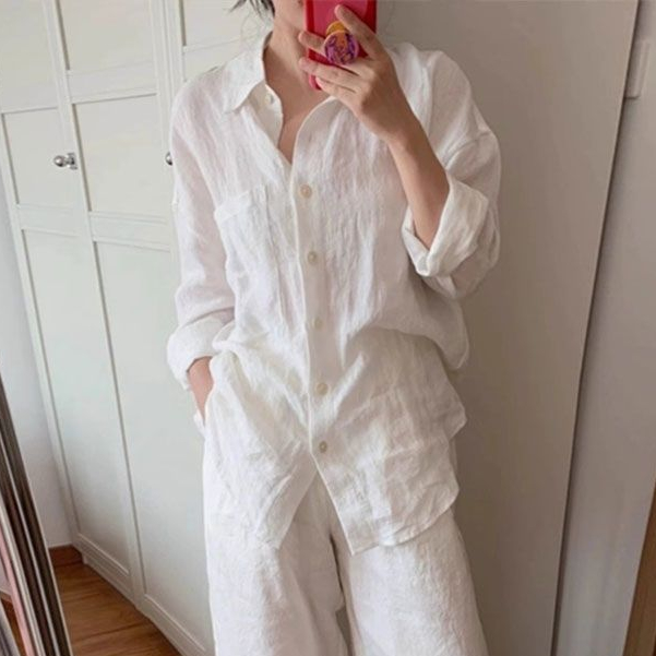 Jaket kemeja pagi katun dan linen putih baru, kemeja wanita linen tipis lengan panjang, kemeja serba