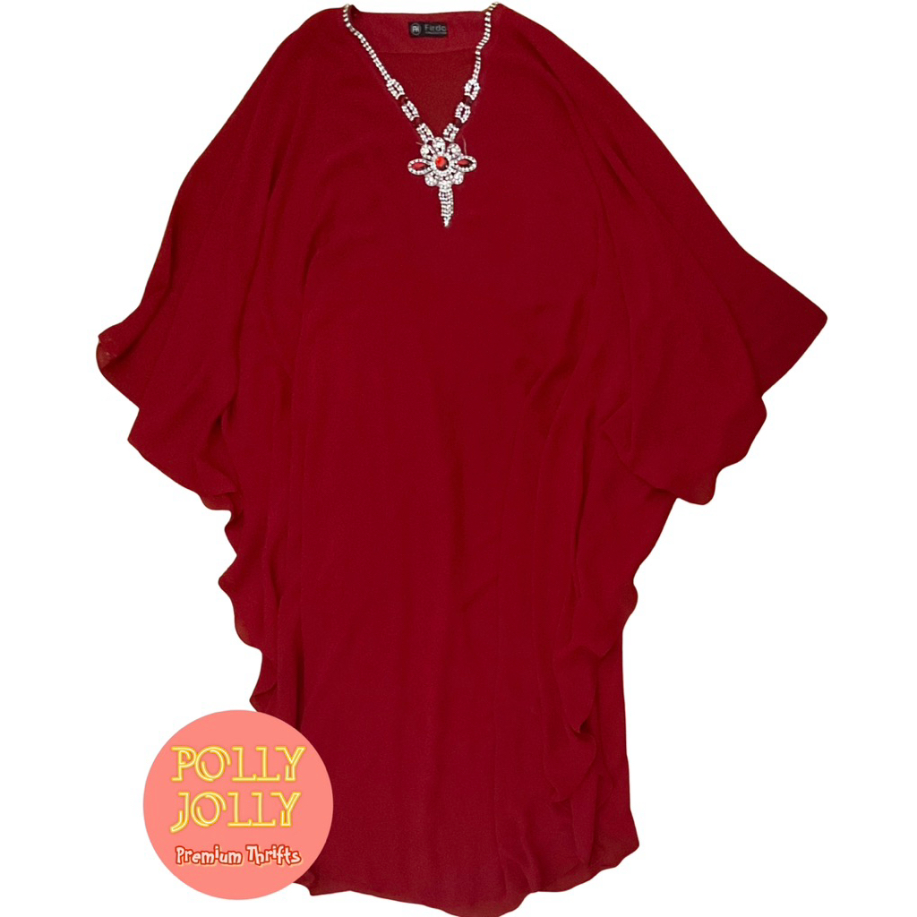 FIRDA COLLECTION - Kaftan Ceruty Gamis Lebaran Baju Muslim Kelelawar Bros Silver Perak Warna Merah (