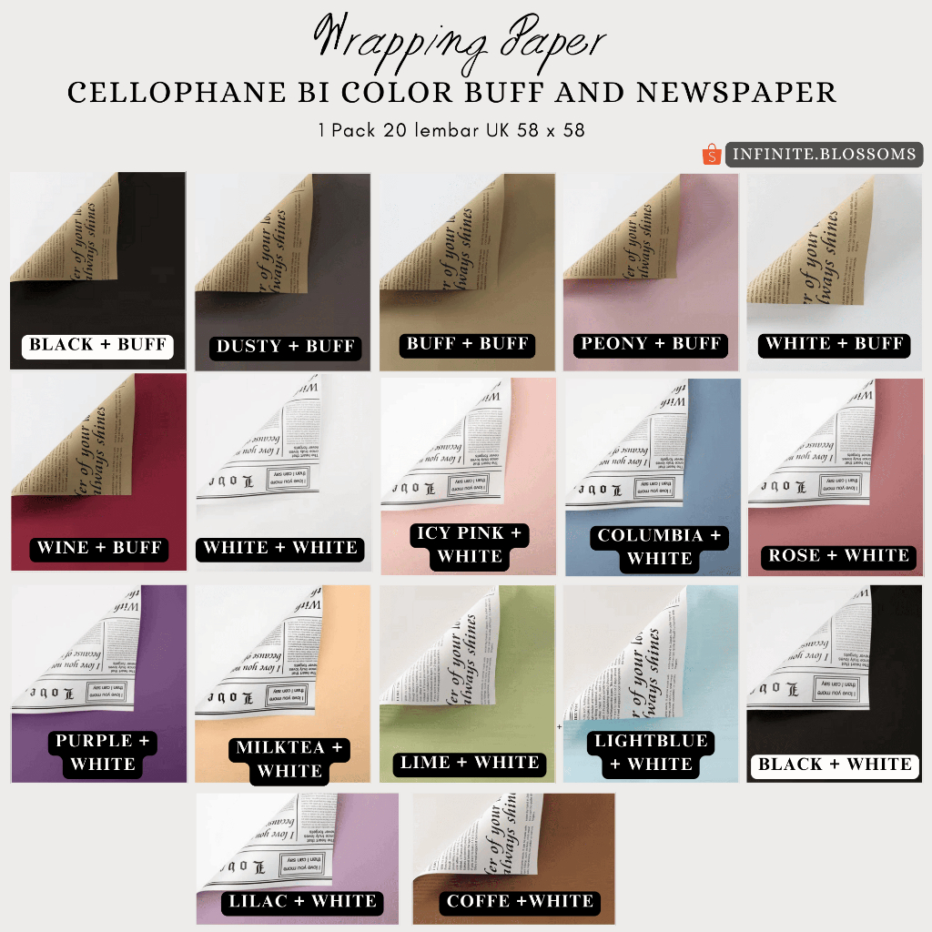 5 Lembar - Cellophane Bi Color Buff NewsPaper Flower Wrapping | Kertas Buket Bunga Double Side Warna