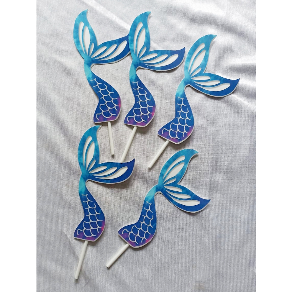 Banner Topper cake Hiasan Tusukan Kue Tart Ulang Tahun Anak Ekor Mermaid Biru