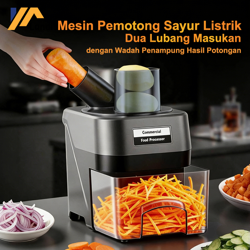 Mesin Pemotong Sayur Listrik dengan Wadah Penampung Hasil Potongan, Dua Lubang Masukan Bisa Potong M