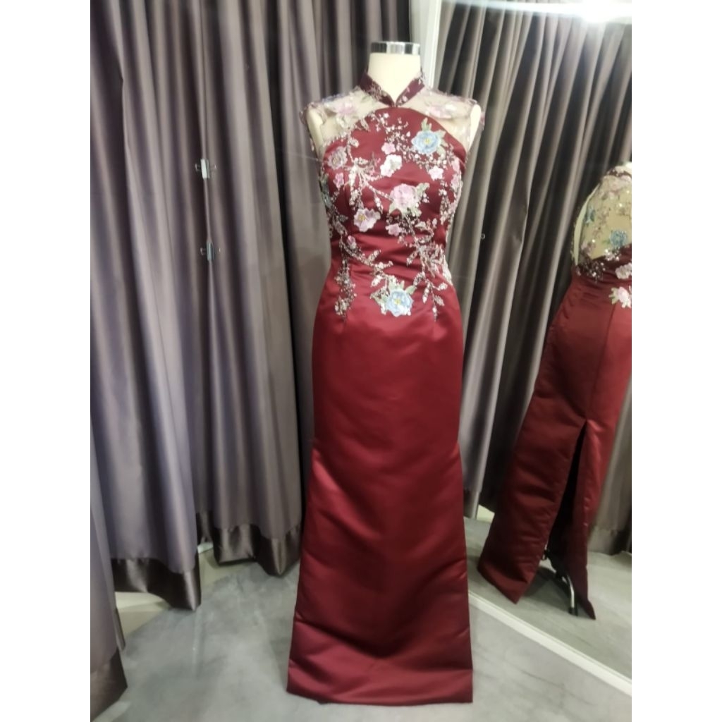 dress cheongsam, cheongsam tepai, cheongsam pernikahan, cheongsam acara spesial warna maroon