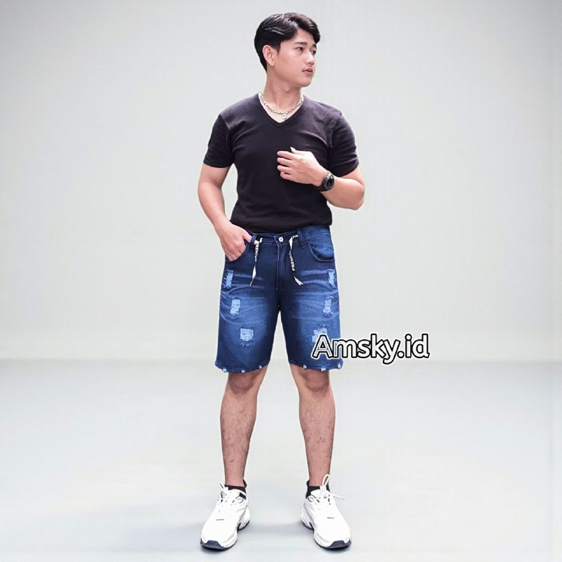 Celana Pendek Pria Distro Sobek Jeans Ripped Street Style Biru Tua Silver hitam | AMSKY INDONESIA