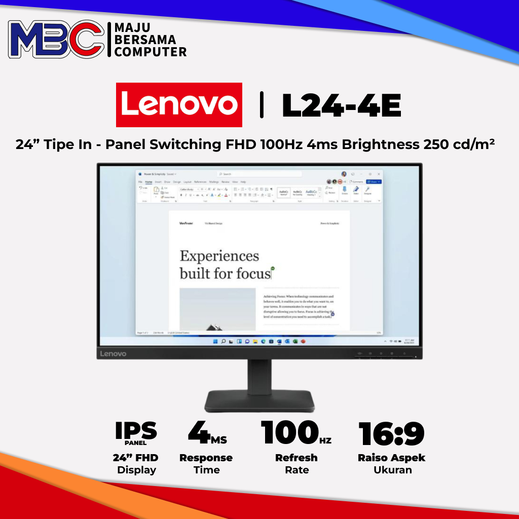 Led Lenovo L24-4e IPS FHD 100Hz 6ms 99% SRGB - Monitor 22 24 Inch 22" 24"