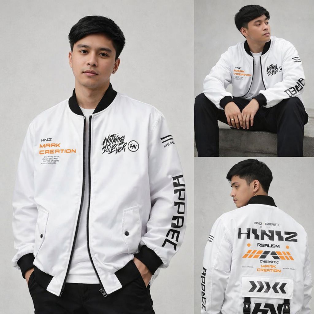 Jaket Bomber Pria Putih Casual Kekinian