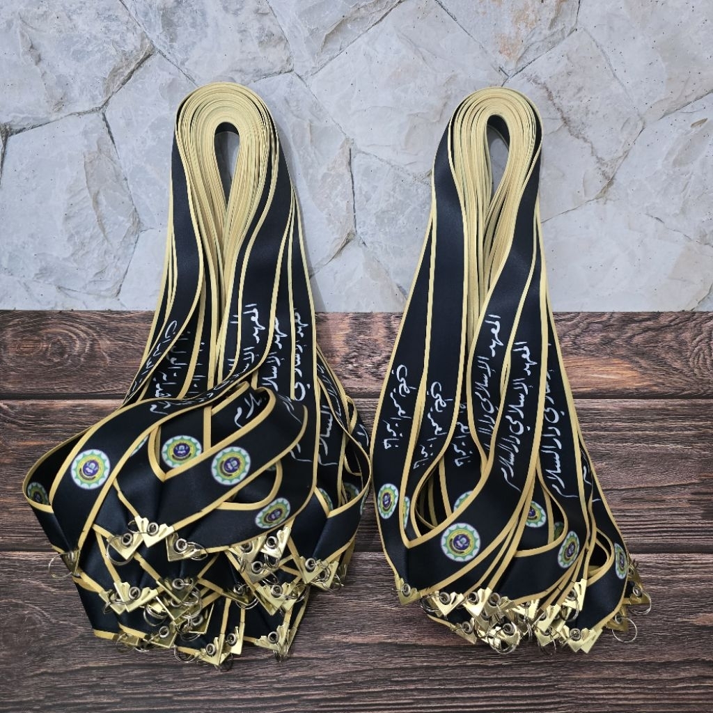 TALI MEDALI LANYARD CUSTOM 2,5cm/3cm JAHIT SEGITIGA (siap pake + pakai siku-siku GOLD) | FREE DESAIN