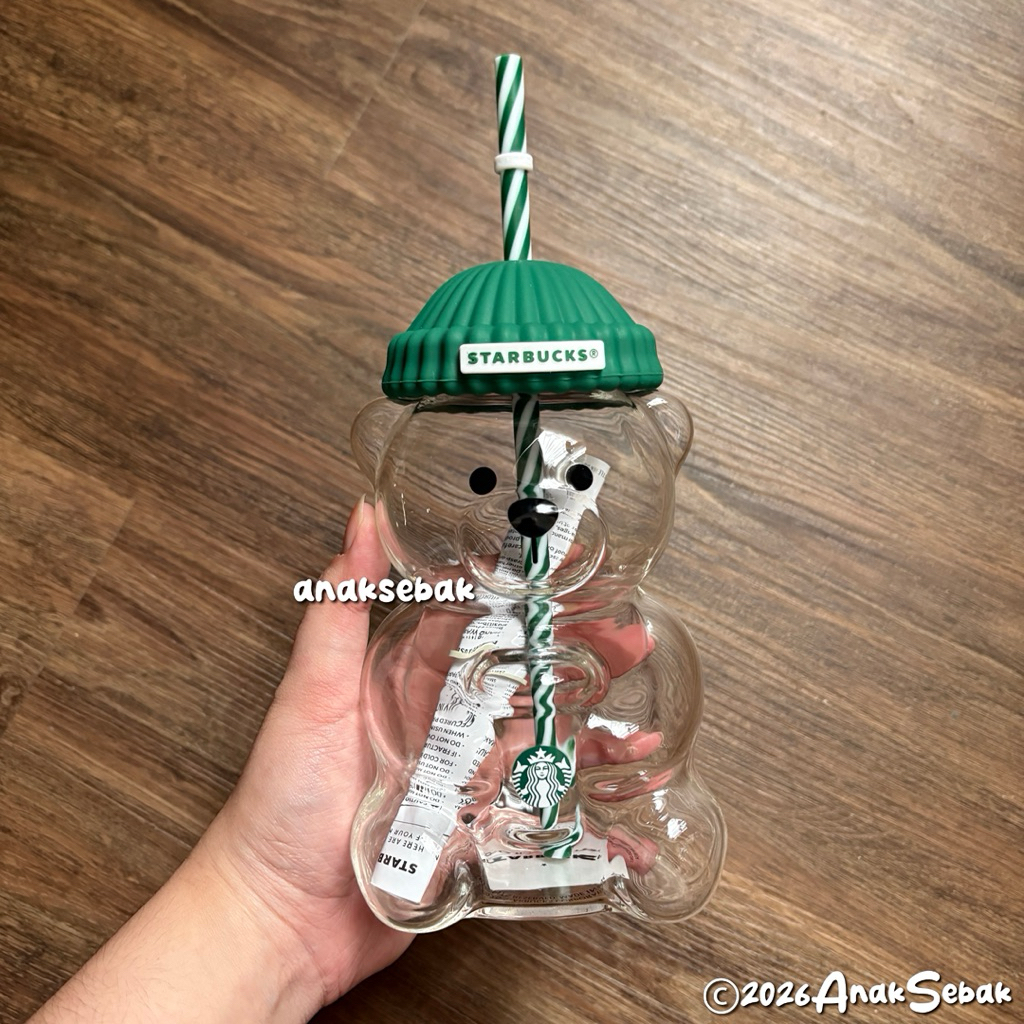 Starbucks Tumbler Bearista Glass Green Hat Cold Cup 20oz - Limited Edition