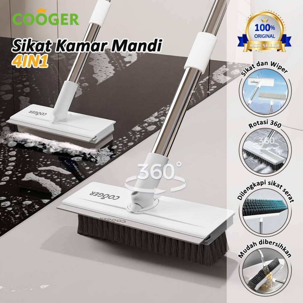 COOGER 5IN1 Sikat Jendela & Lantai Kamar Mandi Dengan Penyerok Air dan Pengeruk Kerak Gagang Kuat
